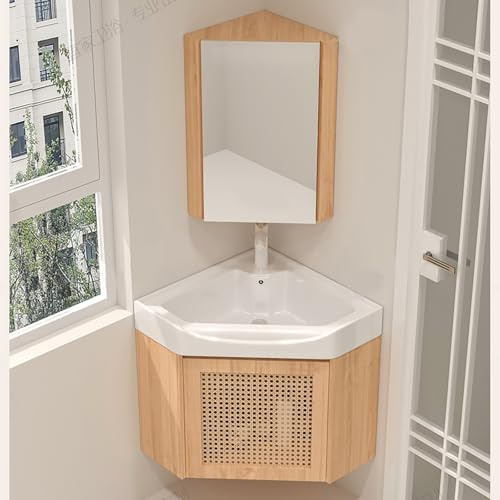 Eck-Badezimmer-Waschtisch mit Waschbecken, schwimmendes Keramik-Waschbecken & Spiegelschrank, inklusive Wasserhahn und Abfluss, ideal für kleine Räume, Badezimmer-Aufbewahrungslösung