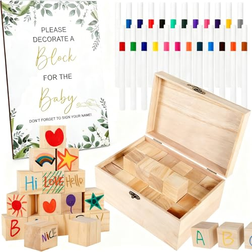 Tudegy 78 PCS Funny Baby Shower Games Sign Kit, Wooden DIY Blank Blocks Freehand Painting,Unique Baby Shower Ideas Activities for Guests