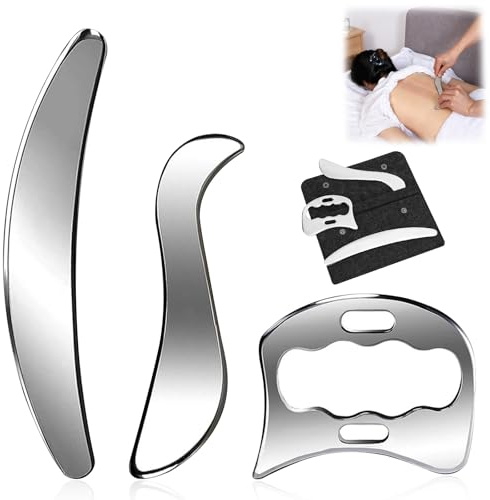 Gua Sha Edelstahl Set 3 in 1 Gua Sha Schaber mit Filz Aufbewahrungstasche Faszien Massage tool Metall Lymphdrainage Massagegerät Ganzkörper Cellulite Massage für Beine Rücken Gesicht Nacken Entspannen