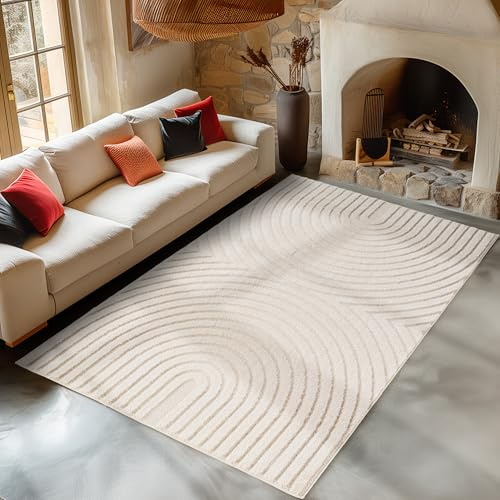 Carpetsale24 Wohnzimmer Teppich 160x230 cm Creme Hochflor Skandi Boho Design Hoch-Tief Effekt Weicher Shaggy Langflor Flauschig Robust Pflegeleicht Modern für couchtisch