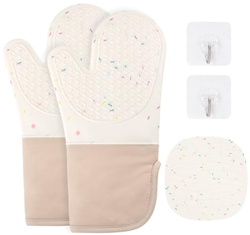 AUAUY 1 Paar Ofenhandschuhe Set, Silikon Baumwolle, 2 Topflappen, 446F° | Anti-Rutsch Kochhandschuhe, 446F° Hitzebeständige Topfhandschuhe, Backofen Handschuhe, für Küche, Kochen, Backen, Grillen BBQ