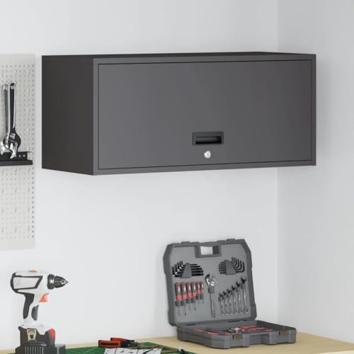 Teenpull Schwarzer Wandschrank für Garage, 80x33x35cm, mit Gasdrucklift-Tür, Stahl, abschließbar, ideal für Werkstatt, Abstellraum, platzsparende Aufbewahrung