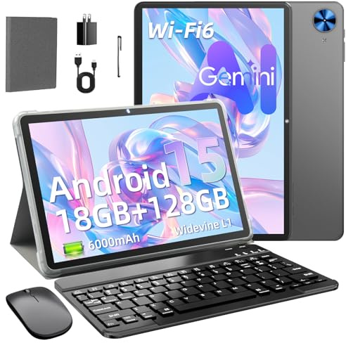 Tablet de 10.1 Pulgadas Android 15 con Funda, Teclado, Ratón, 6000 mAh | 18GB de RAM+128GB de ROM, 1TB Ampliable, Compatible con Widevine L1,GPS,GMS, Octa-core, WiFi 6, 5MP+8MP, Gris