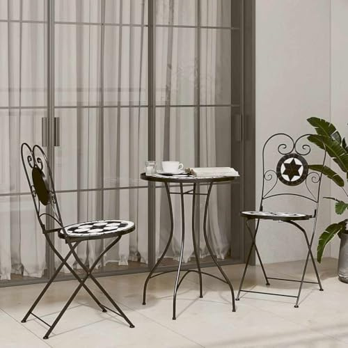 Ordellia Mosaik-Bistro-Set, Schwarz-Weiß, Eisen & Keramik, Ø 50 cm Tisch, 2 Klappstühle, für Garten, Balkon, Terrasse