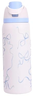 304 Stainless Steel Fitness Sports Vacuum Bottle with Handle and Straw, Large Capacity Macaron Thermal Mug /16/19/24/32 oz (Blue Bow,32)