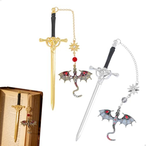 2 Stück Lesezeichen Schwert, Lesezeichen Fantasy, Drachen Lesezeichen, Geflügeltem Anhänger, Bookmarks Metall, Vintage-Stil, Einzigartiges Geschenk für Frauen Männer Bücherwu(Silber+Gold)