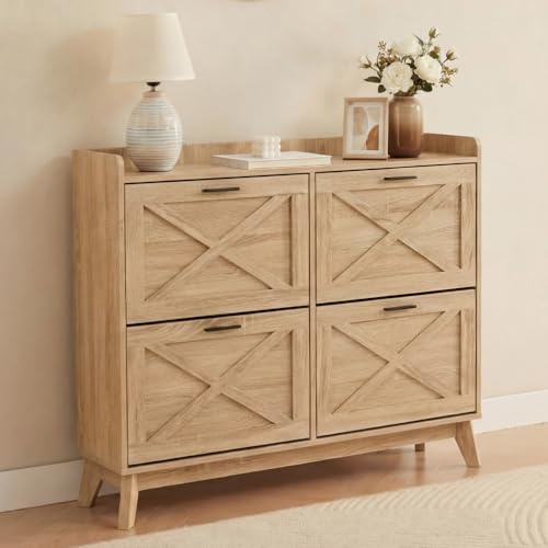 CASABEL Schuhschrank mit 4 Klappen, Fronten mit Kreuzmuster, Holzfarbe, Funktionales Design, Große Kapazität für 24 Paar, Praktischer Flur, oder Wohnzimmerschrank, 114x24x83 cm