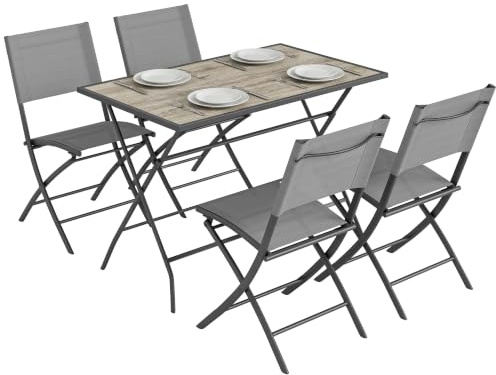 Outsunny Gartenmöbel Set Klappbar 5-Teilig Tisch mit 4 Stühlen Grau | Sitzgruppe, 4 Atmungsaktiven Stühlen, Holzoptik, Platzsparend, Wetterfest Essgruppe für Garten Balkon Terrasse