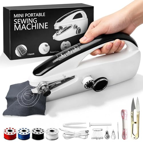 Handnähmaschine, Mini Nähmaschine Handheld, Elektrische Tragbare Nähmaschine für Anfänger, Einhand Schnellnäher für Stoff, Kleidung, Reparaturen zu Hause