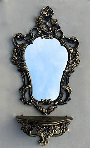 Wandspiegel+ Wandkonsole Schwarz Gold Badspiegel Wohnzimmerspiegel Spiegel mit Ablage in Barock Antikstill