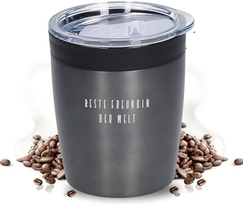 doppelwandiger Edelstahl Thermobecher personalisiert – 100% auslaufsicherer & thermoisolierter Kaffeebecher – 280 ml Coffee to go Isolierbecher mit Wunschgravur (Grau)