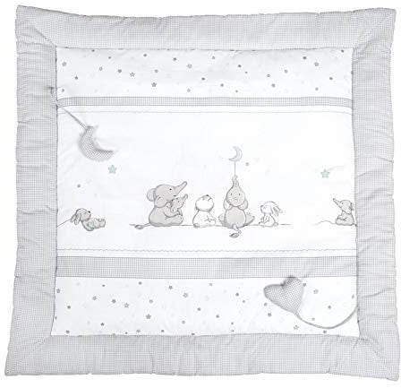 roba Baby Krabbeldecke Sternenzauber - 100 x 100 cm - Gepolsterte Spieldecke mit Stern Motiv inkl. Spielzeug Anhänger - aus weicher Baumwolle - Hellgrau / Weiß