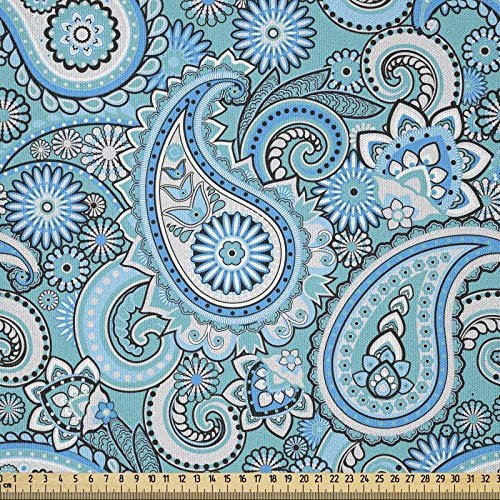 ABAKUHAUS Hellblau Stoff als Meterware, Asiatische Elemente Paisley, Microfaser Stoff für Dekoratives Basteln, 1M (230x100cm), Hellblau Schwarz Blau