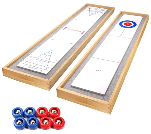 GSE Games & Sports Expert 2-in-1 Solid Wood Shuffleboard and Curling Tabletop Game Board Set with 8 Rollers for Family and Friends