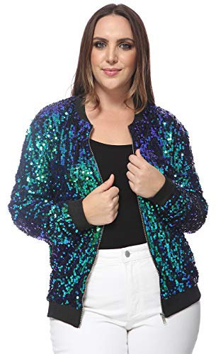 ANNA-KACI Damen Pailletten Reißverschluss Übergröße Langarm Blazer Bomberjacke Glitzer Jacke