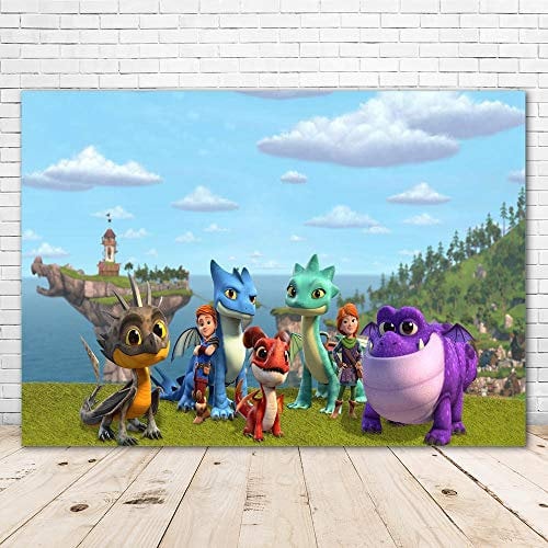 JMING Dragons Rescue Riders Hintergrund für Kinder Happy Birthday Party Supplies 7 x 5ft Vinyl Rescue Riders Thema Party Dekorationen Kuchen Tisch Banner Fotoautomaten Hintergrund Raum Wanddekoration