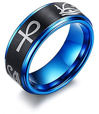 FLHEART Ägyptische Auge des Horus und Ankh Ring Band Wolframcarbid Hieroglyphe eingraviert Ankh Gott des ra Ring für Herren Schutz Schmuck für ihn,Größe 57 (18.1)