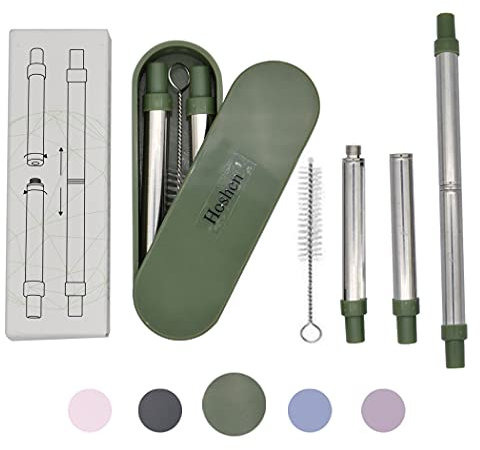 Hoshen - Cannuccia telescopica portatile in acciaio inox, 2 in 1, staccabile, riutilizzabile, cannuccia con conchiglia, con spazzola per la pulizia, colore: Verde