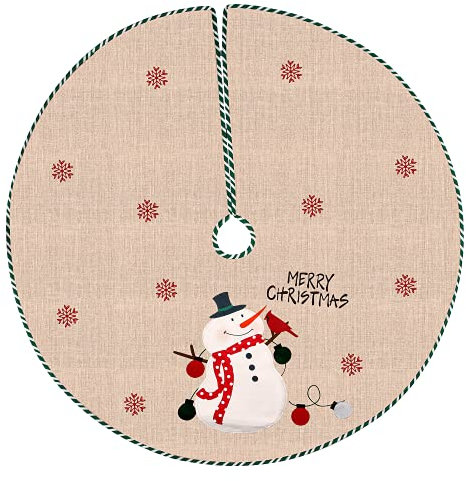 Esportic Weihnachtsbaum Rock, Tannenbaum Decke, Christbaumdecke Rund, Baumdecke Weihnachtsbaum, 108cm Retro Christbaumdecke mit Schneeflocken aus Leinen, für Neujahr Weihnachtsbaum Boden Party Dekor