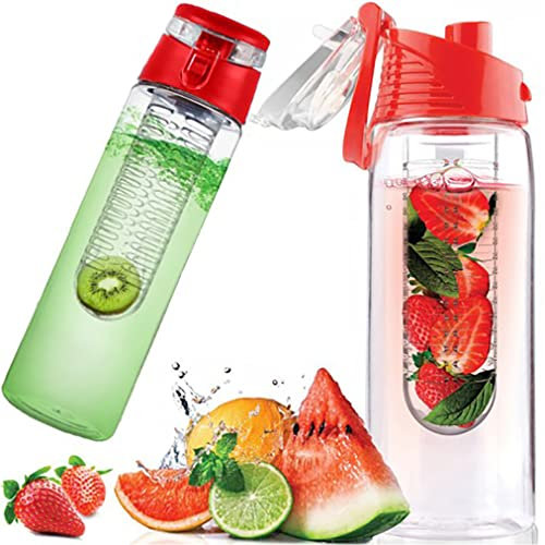 Retoo Botella de agua de 700 ml con accesorio para fruta de Tritan, sin BPA, con recipiente para frutas, tapa abatible con asa, botella de agua para zumos de frutas, botella de deporte grande (roja)