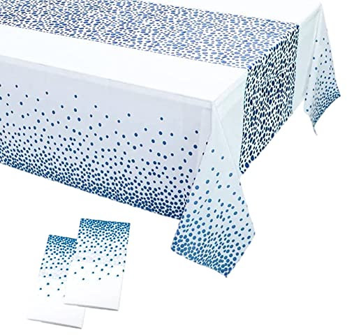 2Pcs 137*274cm White and Blue Disposable TableCloths Party Paper Plastic TableCloth,Large Thicken Dot Rectangular Waterproof Table Cover for Picnic,Halloween,Wedding,Christmas,Birthday Party Decor