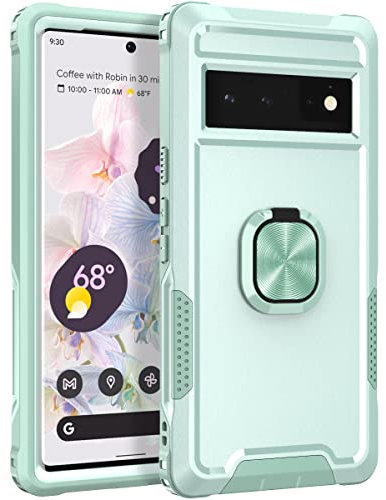 Unichthy Hybrid Case for Google Pixel 6 with Finger Ring Holder Full-Body Rugged Shockproof Heavy Duty Advanced Protective Cover Kickstand Bumper Phone Case for Google Pixel 6 Mint Green