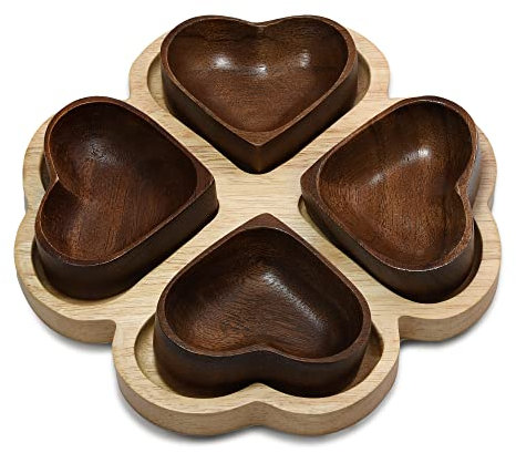 Aeravida Clover Hearts 4-Section Natural Rubber Tree Wooden Divided Serving Plate | Modern Salad Tray and Serving Bowl | Handmade Serving Tray or Platter for Dish | Kitchen Decorative Bowl and Plate
