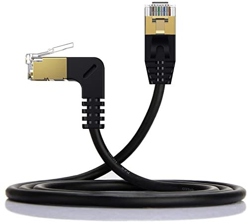 Disscool Câble Ethernet Cat8, tête plaquée or, câble plat RJ45, câble réseau LAN mâle vers 90 degrés mâle OD3,8 mm intérieur et extérieur pour modem/routeur (0,6 m, droit à 90 degrés)