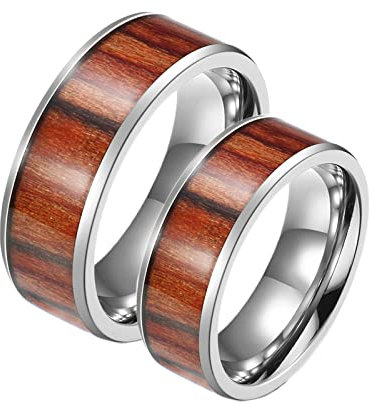 ANAZOZ Ringe Paar Edelstahl, Trauringe Paarpreis Personalisierte Damen gr.60 und Herren gr.54 8mm Silberring Inlay Holz