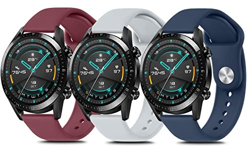 Meliya 3 Pack Correas para Huawei Watch GT 2 46mm/GT 46mm Sport/Classic/Active/Elite, Pulseras de Repuesto de Silicona para GT3/GT 2e/GT2 Pro (Rojo Vino/Azul Marino/Gris)
