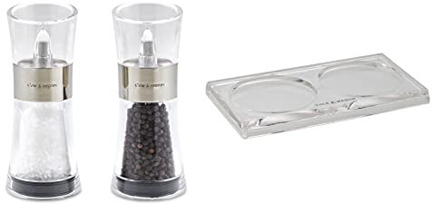 Cole & Mason H581780 Flip 180 Chrome Salt and Pepper Mills | Classic Inverta | Acrylic | 154mm | Gift Set | Includes 2 x Salt and Pepper Grinders & H306119 Ramsgate Clear Salt and Pepper Mill Tray