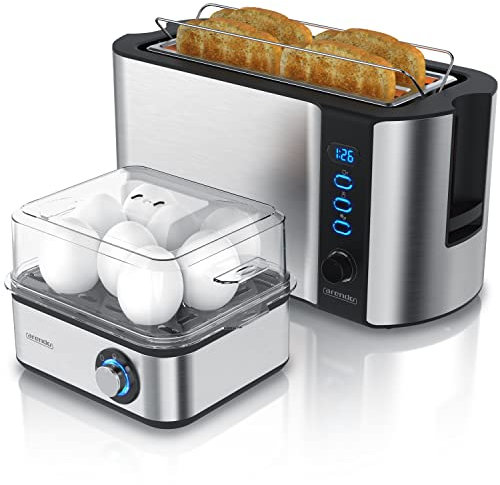 Arendo SET Toaster FRUKOST mit Eierkocher EIGHTCOOK Edelstahl Silber Toaster 4 Scheiben LED-Display 6 Bräunungsgrade Brötchenhalter Eierkocher 1-8 Eier Messbecher
