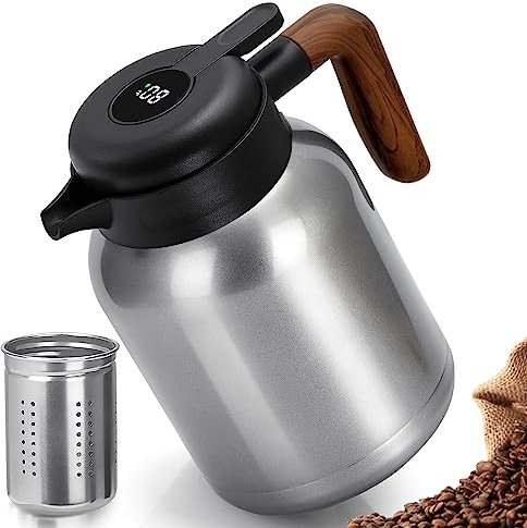 Thermos 1.5 l,Cafetière en acier inoxydable 304,Double paroi,Théière thermique avec infuseur amovible,Thermos avec affichage de la température,Chaleur 12h/18h,Froid (argent)