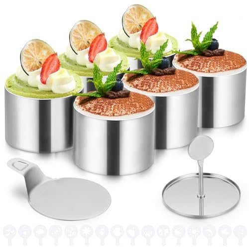 HAUSPROFI Dessertringe Set 8er Premium Edelstahl Speiseringe (Ø7.5cm) mit Deckel & Basis, Nahtlose Mousse Form, 16 Schablonen - Profi Tortenring für Backen, Dessert,Mousse & Anrichten
