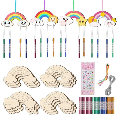 Nourdom 12 Stück Windspiel Bastelset Kinder, Regenbogen Holz Klangspiel Basteln Bastelhandwerk zum Bemalen Holz zum Bemalen für Mädchen Junge Kindergeburtstag