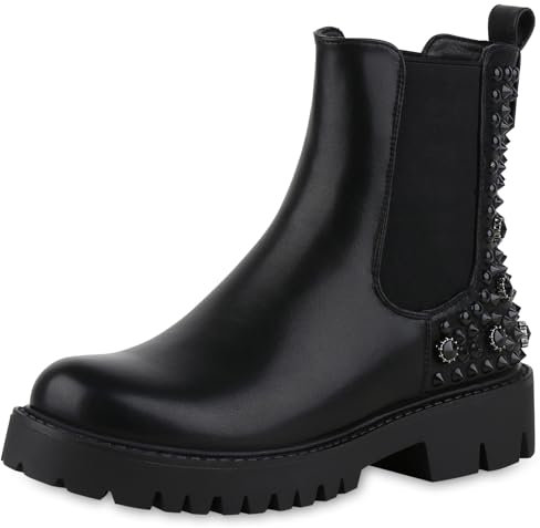 VAN HILL Damen Chelsea Boots Blockabsatz Nieten Trendy Schuhe 213639 Schwarz 36
