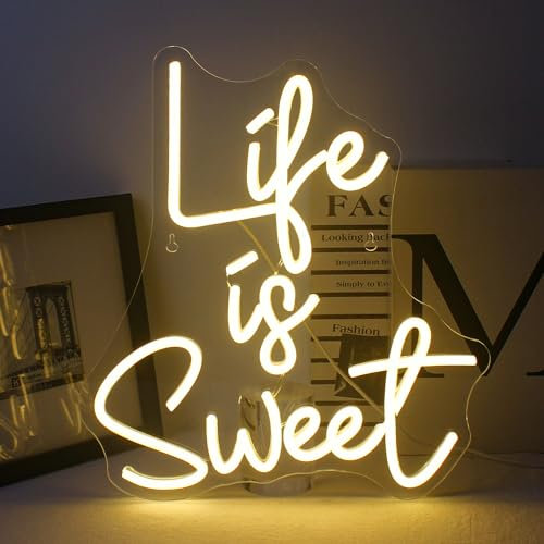 Horseneon Life Is Sweet Neon Schild, Warmweiß Led Schild für Wanddekoration Neon Schriftzug USB Power Led Schriftzug Wand für Schlafzimmer, Party, Hochzeit Wedding Wand Dekor Geschenke