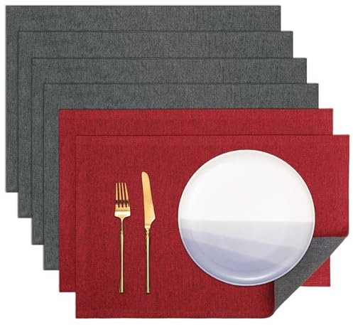 Banchif Platzsets Leinenimitat Tischsets Abwaschbar Tischsets Doppelseitigen Platzsets Stoff Platzdecken maschinenwaschbar 30 x 45 cm (Rot-Grau, Rechteckig Satz von 6)