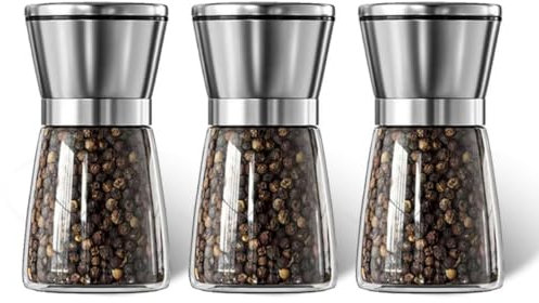 FVLAVEA 170ml 3Pack Salt and Pepper Grinder Set Premium Stainless Steel Salt & Pepper Mill with Glass Body and Adjustable Coarseness Brushed Stainless Steel Salt and Pepper Shakers