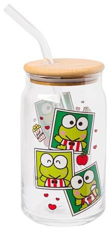 Silver Buffalo Sanrio Hello Kitty and Friends Keroppi Polaroids - Vaso de vidrio con tapa de bambú y popote de vidrio, 16 onzas
