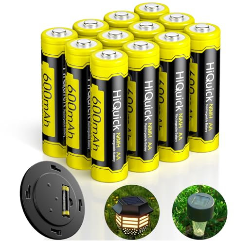 HiQuick Solar Ni-MH AA 1.2V 600mAh Rechargeable Batteries, 12-Pack for Solar Garden Lights, Pathway & String Lights