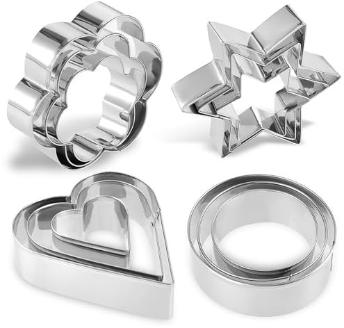 Mabor 12Pcs Cookie Cutter Set, Round/Circle Star Flower Heart Shape Cookie Cutters for Baking Biscuit Cutters Stainless Steel Mini Cookie Cutters for Cake Pastry Fondant
