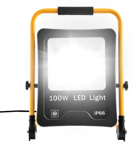 SUBTLETY 100W LED Baustrahler Baustellen Arbeitsstrahler mit 3m Netzkabel & U-Form Stativ Strahler für Arbeitsbeleuchtung IP66 Wasserdicht Fluter Arbeitsleuchte für Innen- & Außenbereich (Kaltweiß)