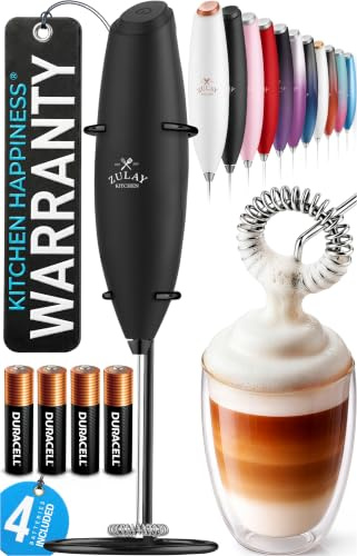 Zulay Kitchen Powerful Milk Frother Wand with 4 AA Duracell Batteries - Ultra Fast Handheld Drink Mixer - Electric Whisk Foam Maker for Coffee, Lattes, Cappuccino, Matcha & Creamer - Black