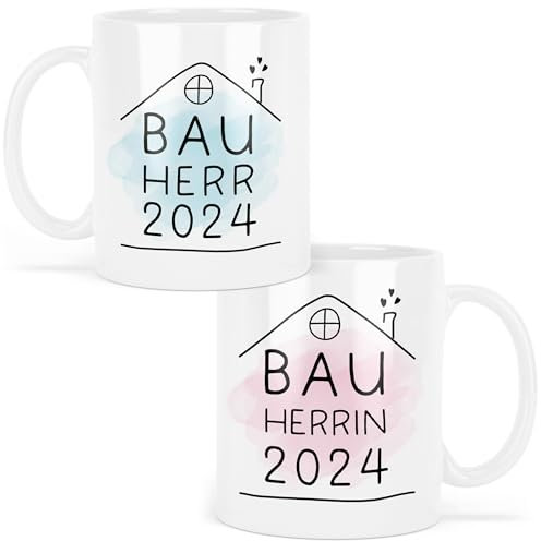 Generisch kleinebuchstaben® Bauherrin Bauherr Tassen Set 2024 Name Personalisiert, Geschenke zum Richtfest, Geschenkideen zum Hausbau Einweihung Einweihungsfeier (Bauherr & Bauherrin - Weiß)