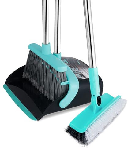Broom with Dustpan Combo Set, Floor Scrub Brush,Self-Cleaning with Dustpan Teeth,for Indoor Outdoor,Smooth Floors,Bathroom Kitchen (Black)