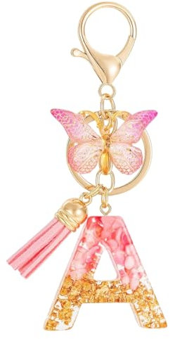 LAKJUOZ 1 Pièces Alphabet Initiale Lettre Porte-Clés Avec Papillon Pompon Pendentif, Alphabet Initial Letter Keychain Kit, Rose Résine Key Ring Charm Pour Femmes Filles Sac À Main Bagages Décoration
