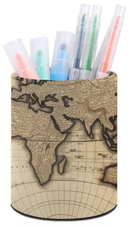 GFLFMXZW Porte-stylos rond pour bureau - Porte-pinceaux de maquillage en cuir - Porte-crayons fonctionnel - Vintage - Carte du monde - Organisateur de stylos multifonction pour la maison