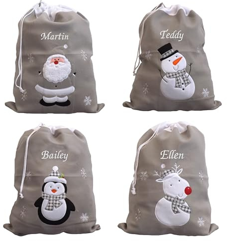 Always Personal Personalised Embroidered Christmas Xmas Silver Character Santa Sacks - Santa, Snowman, Reindeer or Penguin with Custom Name (Santa)
