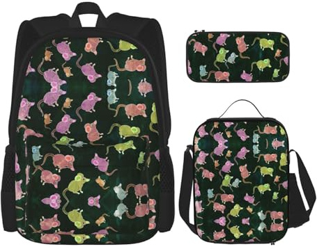 WURTON Rucksack mit niedlichem Maus-Druck, 3-in-1-Büchertaschen-Set, Lunchbox, Federmäppchen, Reise-Laptop-Tagesrucksäcke, Schwarz, Einheitsgröße